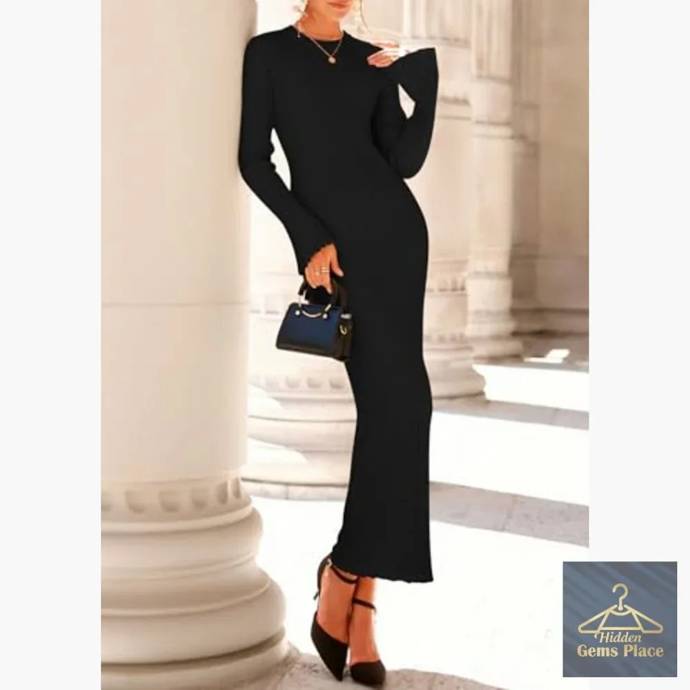 Long Sleeve Bodycon Maxi Dress Ribbed Knit Bell Sleeve Crew Neck - Picture 3 of 7